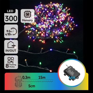 Aigostar - āra Ziemassvētku LED virtene 300xLED/8 režīmi 3xAA 15,3m IP44 daudzkrāsaina