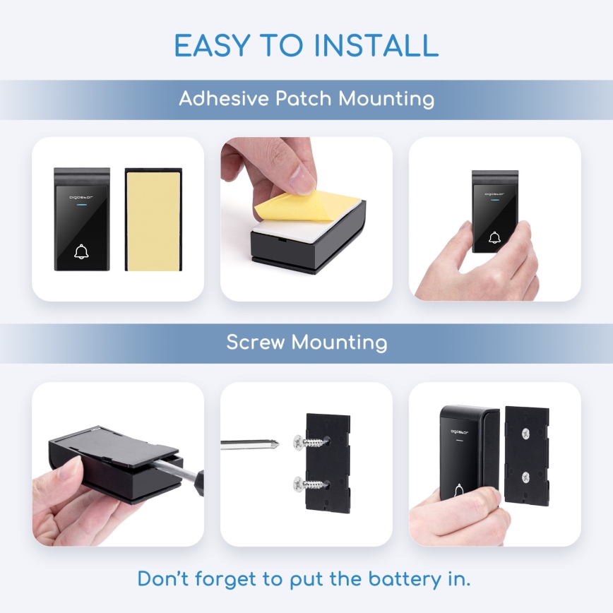 Aigostar - Bezvadu durvju zvans 3xAA/12V IP44 melna/balta