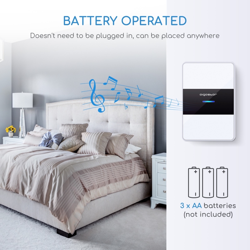 Aigostar - Bezvadu durvju zvans 3xAA/12V IP44 melna/balta