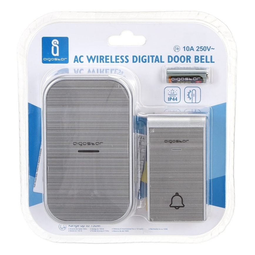 Aigostar - Bezvadu durvju zvans kontaktligzdai 230V/12V IP44 sudraba krāsā