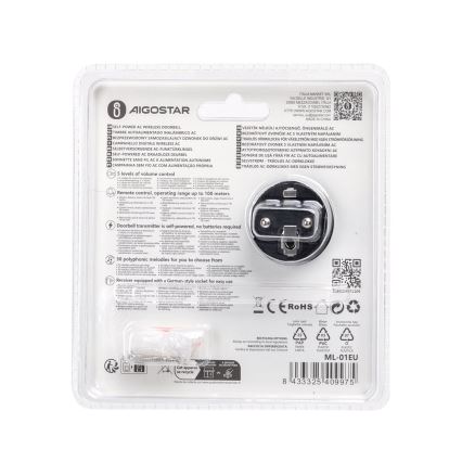 Aigostar - Bezvadu kontaktligzdas durvju zvans 1Z 230V IPX4 melna