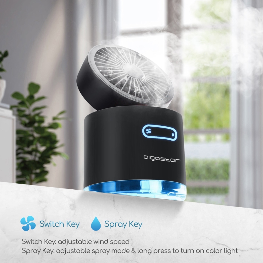 Aigostar - RGB Bezvadu mini galds ventilators ar miglas efektu MIST 10W/5V melna