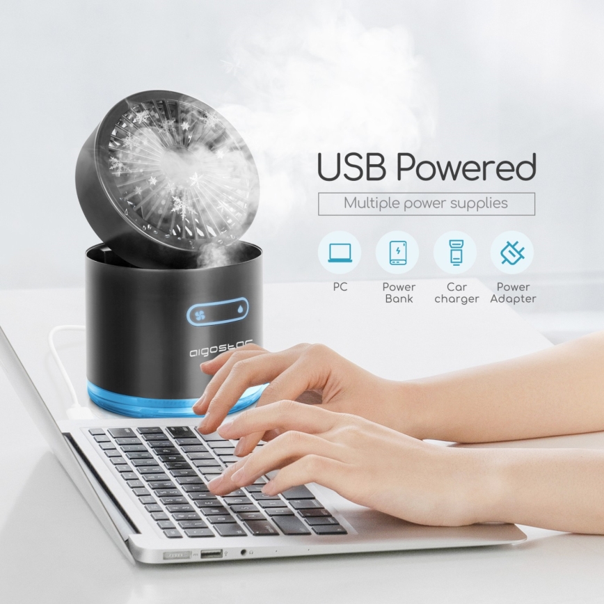 Aigostar - RGB Bezvadu mini galds ventilators ar miglas efektu MIST 10W/5V melna