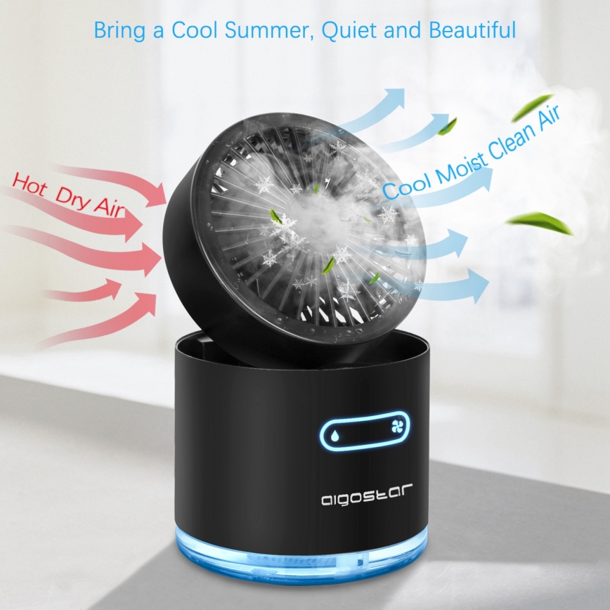 Aigostar - RGB Bezvadu mini galds ventilators ar miglas efektu MIST 10W/5V melna