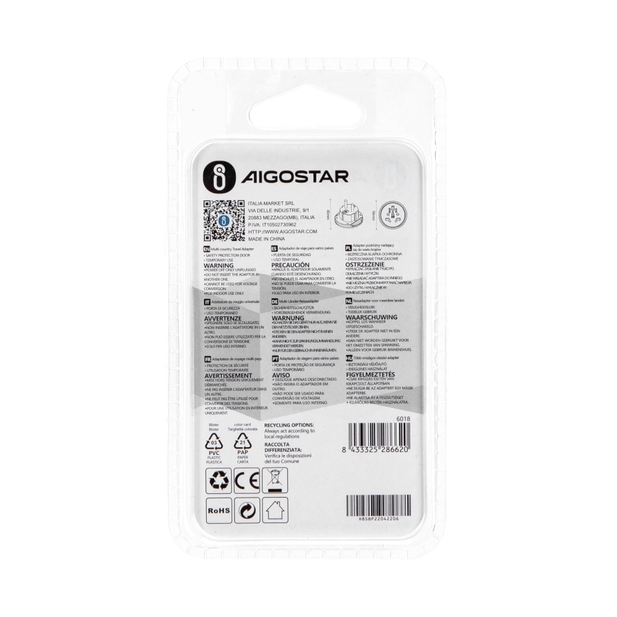 Aigostar - Ceļojumu adapteris uz ES, balts