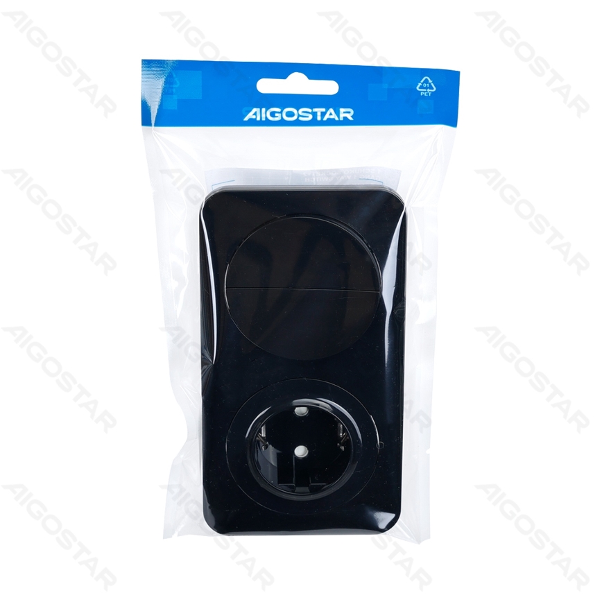 Aigostar - Dubultais slēdzis nr. 5 un SCHUKO kontaktligzda 230V ar rāmi, melna
