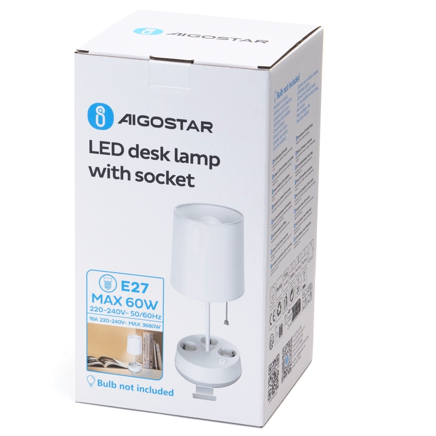 Aigostar - Galda lampa ar kontaktligzdām 1xE27/60W/230V balta