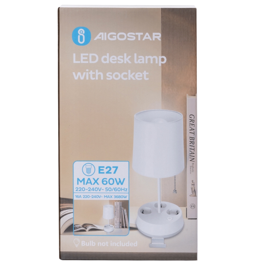 Aigostar - Galda lampa ar kontaktligzdām 1xE27/60W/230V balta