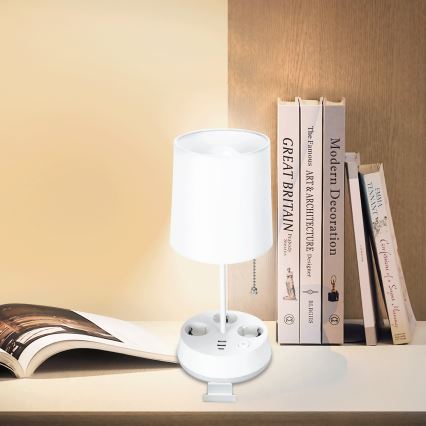 Aigostar - Galda lampa ar kontaktligzdām un USB portiem 1xE27/60W/230V balta