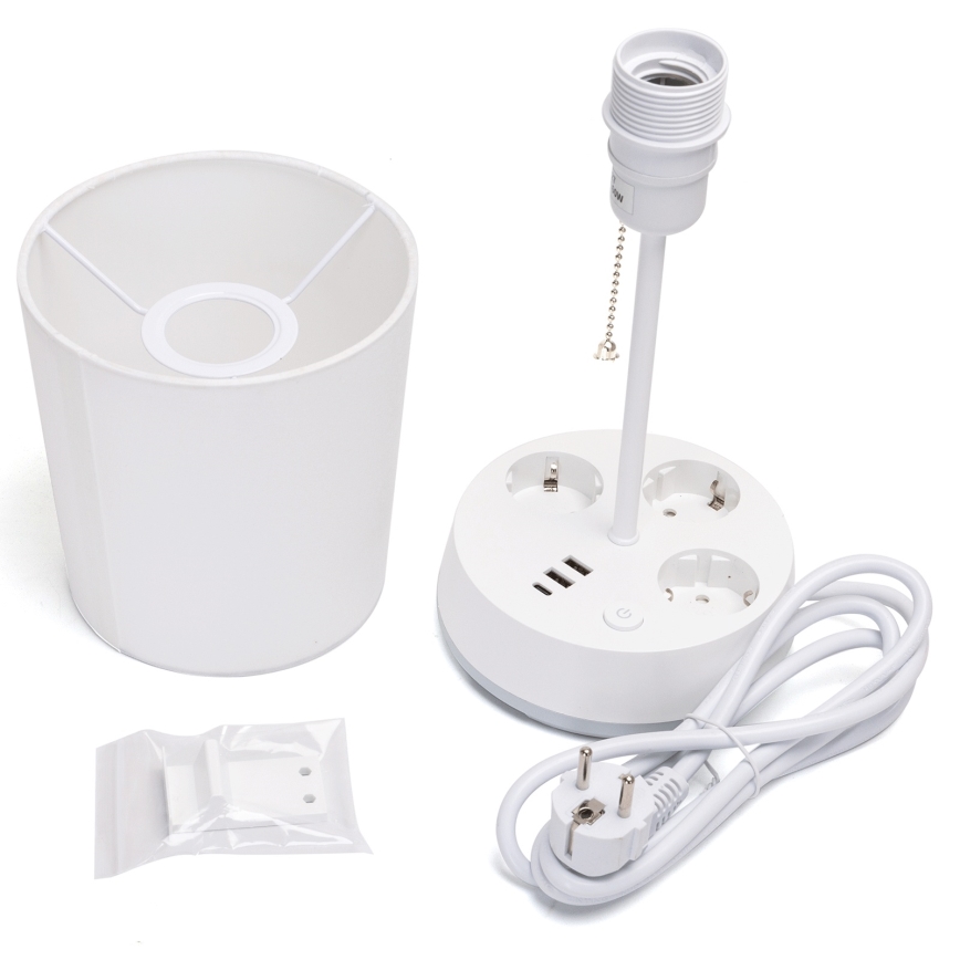 Aigostar - Galda lampa ar kontaktligzdām un USB portiem 1xE27/60W/230V balta