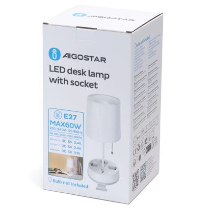 Aigostar - Galda lampa ar kontaktligzdām un USB portiem 1xE27/60W/230V balta
