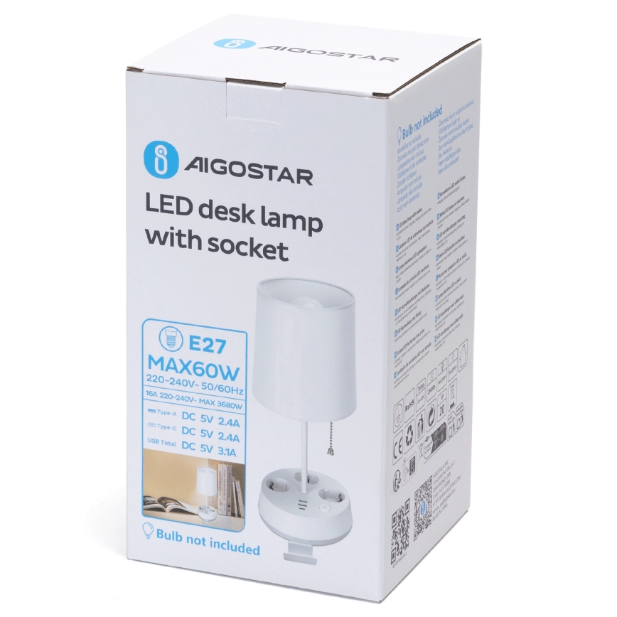 Aigostar - Galda lampa ar kontaktligzdām un USB portiem 1xE27/60W/230V balta