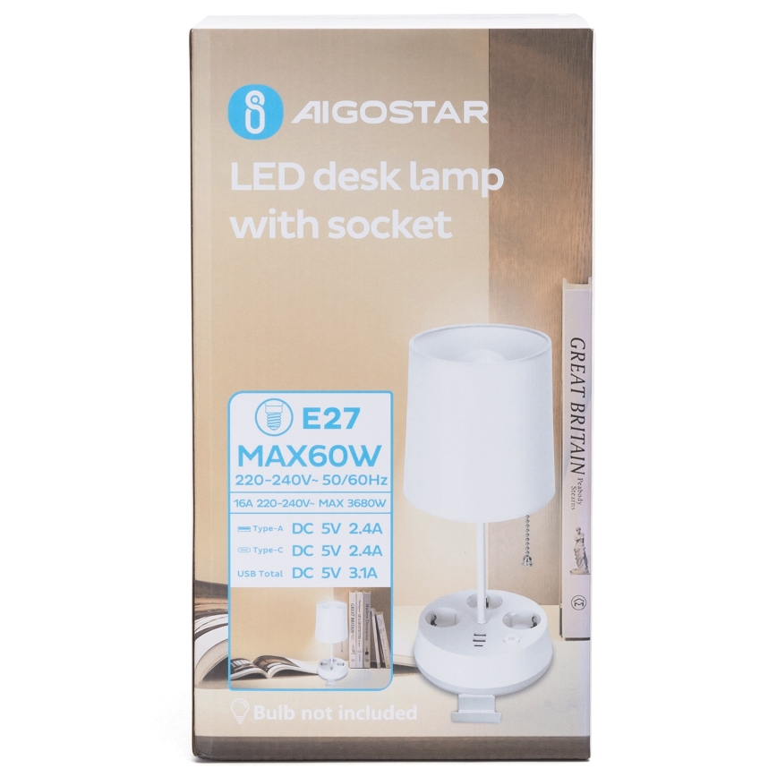 Aigostar - Galda lampa ar kontaktligzdām un USB portiem 1xE27/60W/230V balta