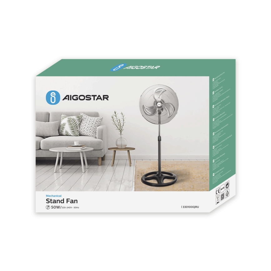 Aigostar - Grīdas ventilators 50W/230V spīdīgi hromēts/melna