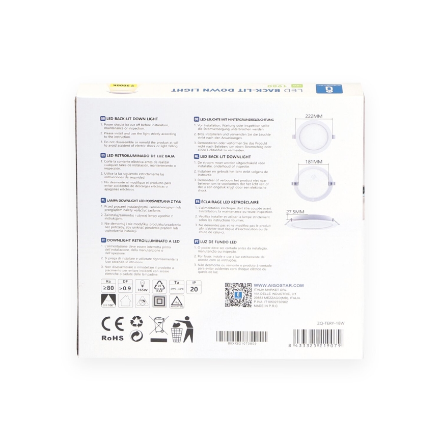 Aigostar - iebūvējamais LED griestu gaismeklis LED/18W/230V 3000K Ø 22,2 cm balts