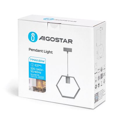 Aigostar - Koka pakaramā lampa ar auklu, 1xE27/60W/230V, no priežu koksnes