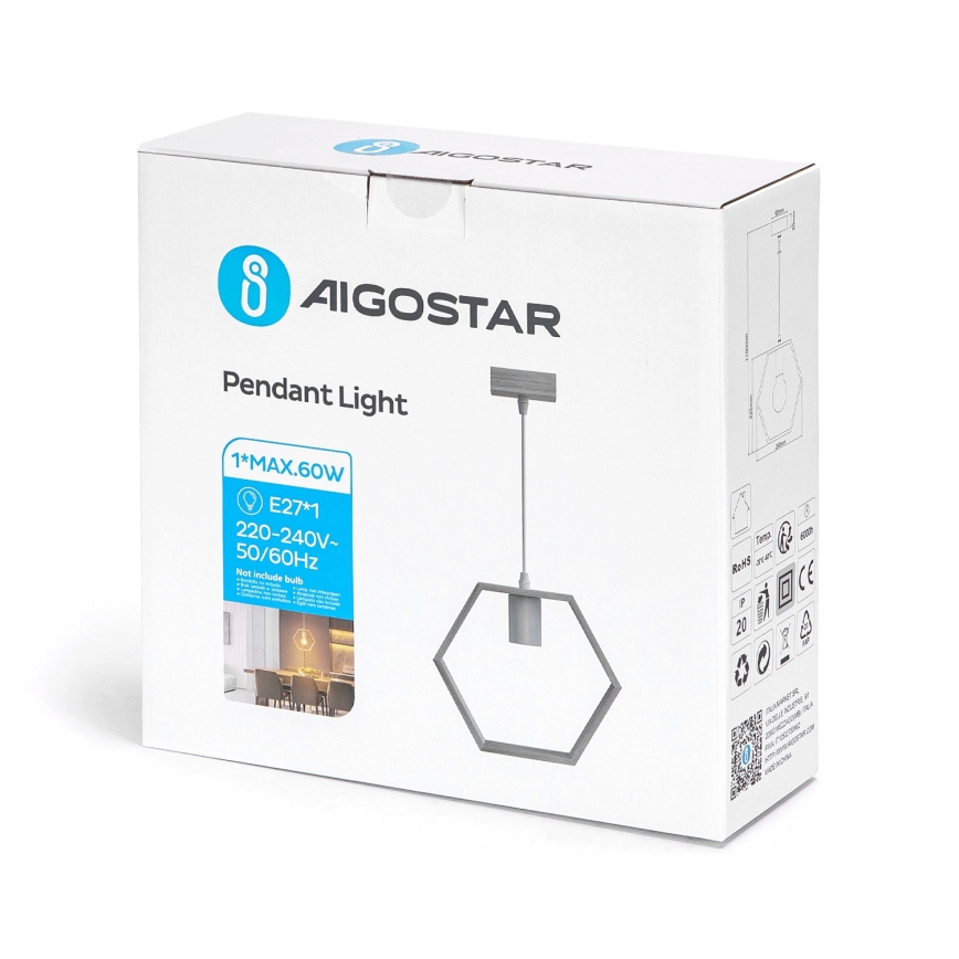 Aigostar - Koka pakaramā lampa ar auklu, 1xE27/60W/230V, no priežu koksnes