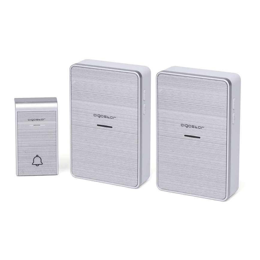 Aigostar - KOMPLEKTS 2x Bezvadu durvju zvans 3xAA/12V IP44 sudraba
