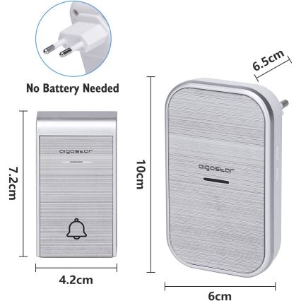 Aigostar - KOMPLEKTS 2x Bezvadu kontaktligzdas durvju zvans 230V IP44 sudraba