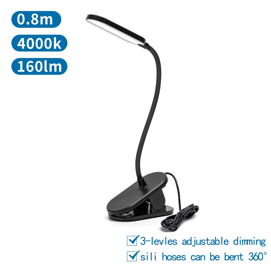 Aigostar - LED Aptumšojama galda lampa ar stiprinājumu LED/2,5W/5V melna