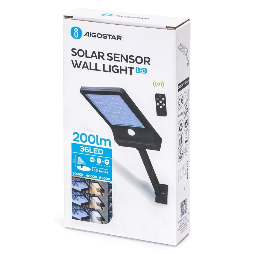 Aigostar - LED Aptumšojama saules enerģijas lampa ar sensoru LED/2,3W/5,5V IP65 1800 mAh + tālvadības pults
