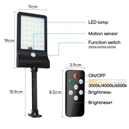 Aigostar - LED Aptumšojama saules enerģijas lampa ar sensoru LED/2,3W/5,5V IP65 1800 mAh + tālvadības pults