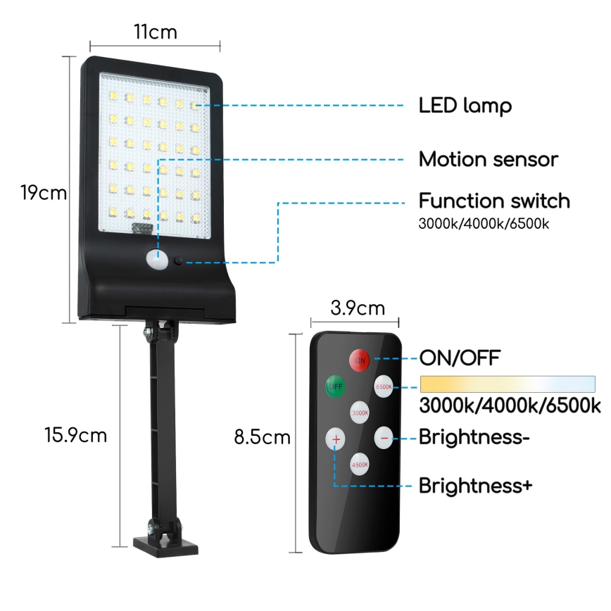 Aigostar - LED Aptumšojama saules enerģijas lampa ar sensoru LED/2,3W/5,5V IP65 1800 mAh + tālvadības pults