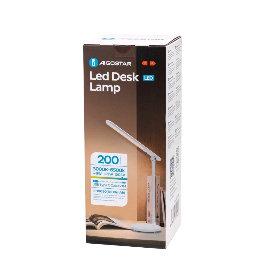 Aigostar - LED Aptumšojama uzlādējama skārienvadāma galda lampa LED/3W/5V 2700/4000/6500K 1800 mAh