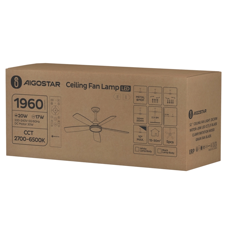 Aigostar - LED Aptumšojams griestu ventilators LED/20W/230V 2700-6500K 132cm balta/bēša + tālvadības pults