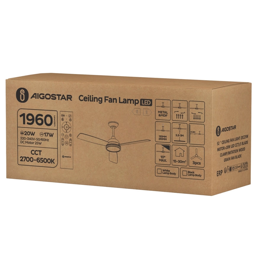 Aigostar - LED Aptumšojams griestu ventilators LED/20W/230V 2700-6500K 132cm brūna + tālvadības pults