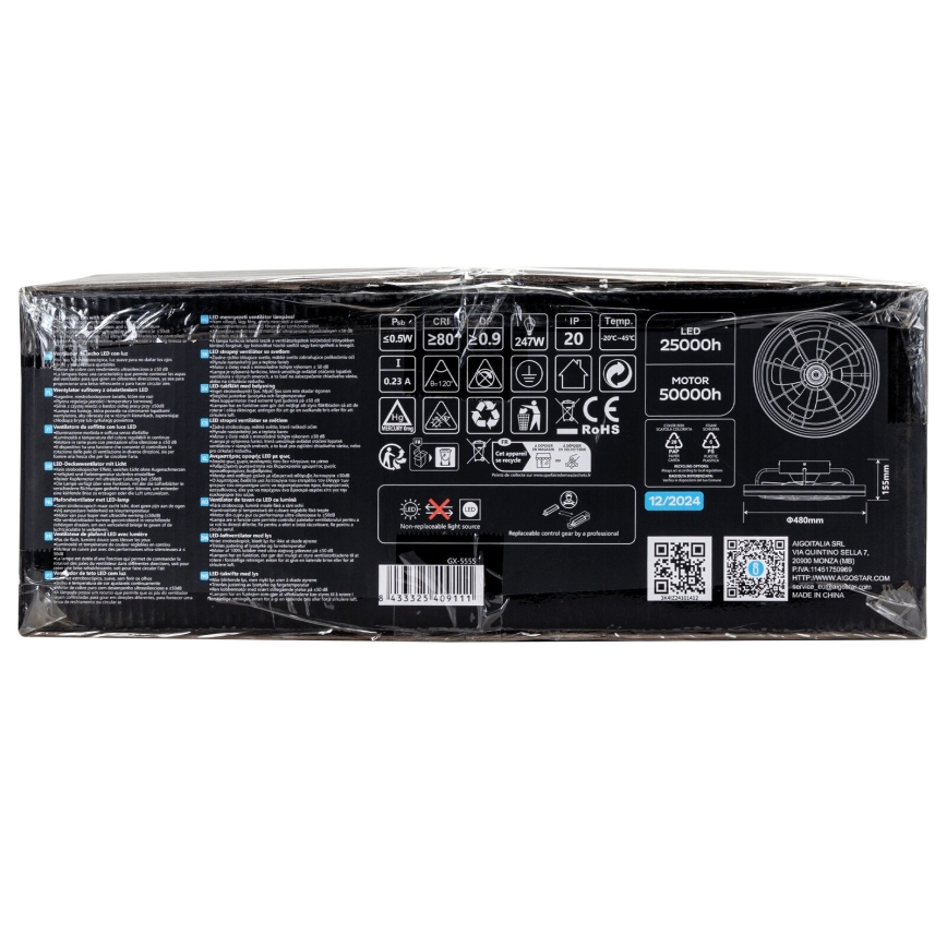 Aigostar - LED Aptumšojams griestu ventilators LED/40W/230V 2700-6500K d. 48 cm + tālvadības pults melna