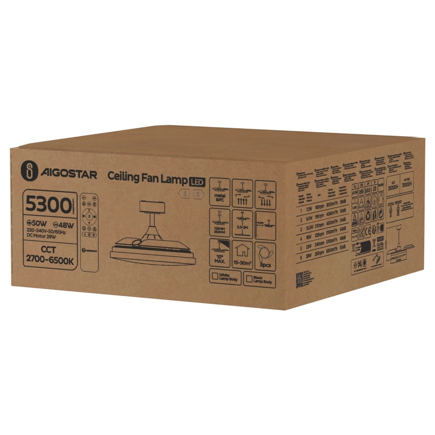 Aigostar - LED Aptumšojams griestu ventilators LED/50W/230V 2700-6500K 106cm balta + tālvadības pults