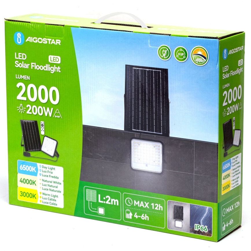 Aigostar - LED Aptumšojams saules enerģijas prožektors LED/200W/3,4V 3000/4000/6500K IP66 + tālvadības pults