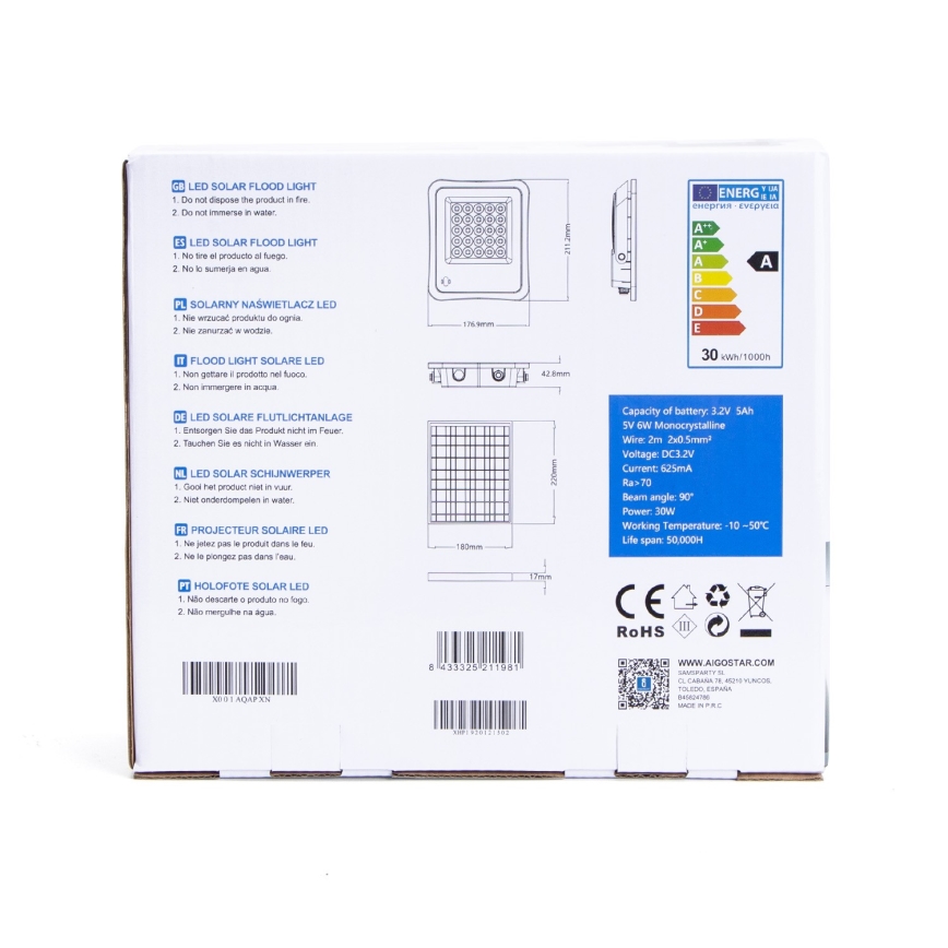 Aigostar - LED Aptumšojams saules enerģijas prožektors LED/30W/3,2V 20000 mAh IP67 + TP
