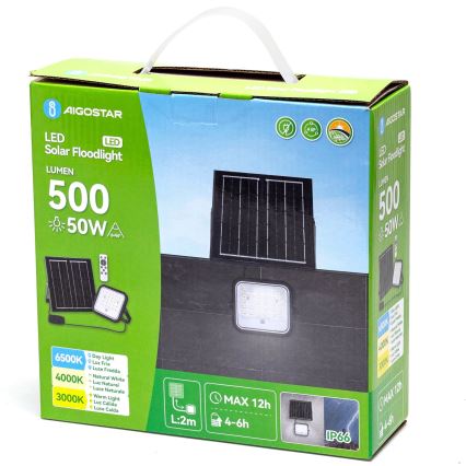 Aigostar - LED Aptumšojams saules enerģijas prožektors LED/50W/3,4V 3000/4000/6500K IP66 + tālvadības pults