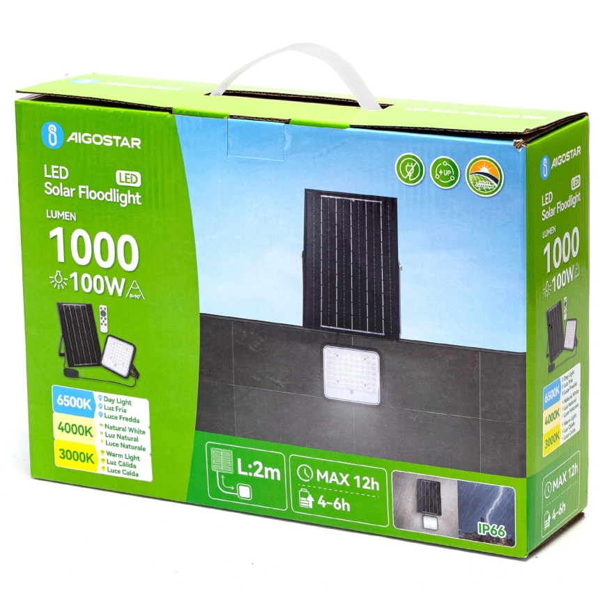 Aigostar - LED regulējams saules prožektors LED/100W/3,4V 3000/4000/6500K IP66 8000 mAh + tālvadības pults