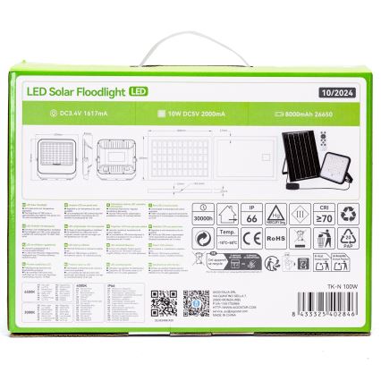 Aigostar - LED regulējams saules prožektors LED/100W/3,4V 3000/4000/6500K IP66 8000 mAh + tālvadības pults