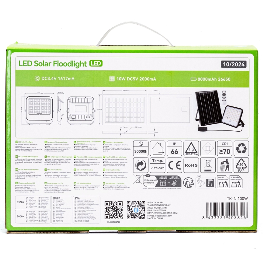 Aigostar - LED regulējams saules prožektors LED/100W/3,4V 3000/4000/6500K IP66 8000 mAh + tālvadības pults