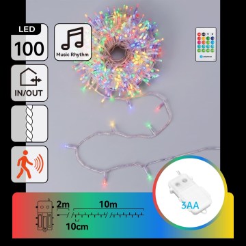 Aigostar - LED ar regulējamu spilgtumu āra Ziemassvētku virtene ar kustības sensoru 100xLED/3xAA 12m daudzkrāsaina + tālvadības pults