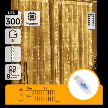 Aigostar - LED ar regulējamu spilgtumu Ziemassvētku virtene 300xLED/8 funkcijas USB 6x3m siltā balta + tālvadības pults