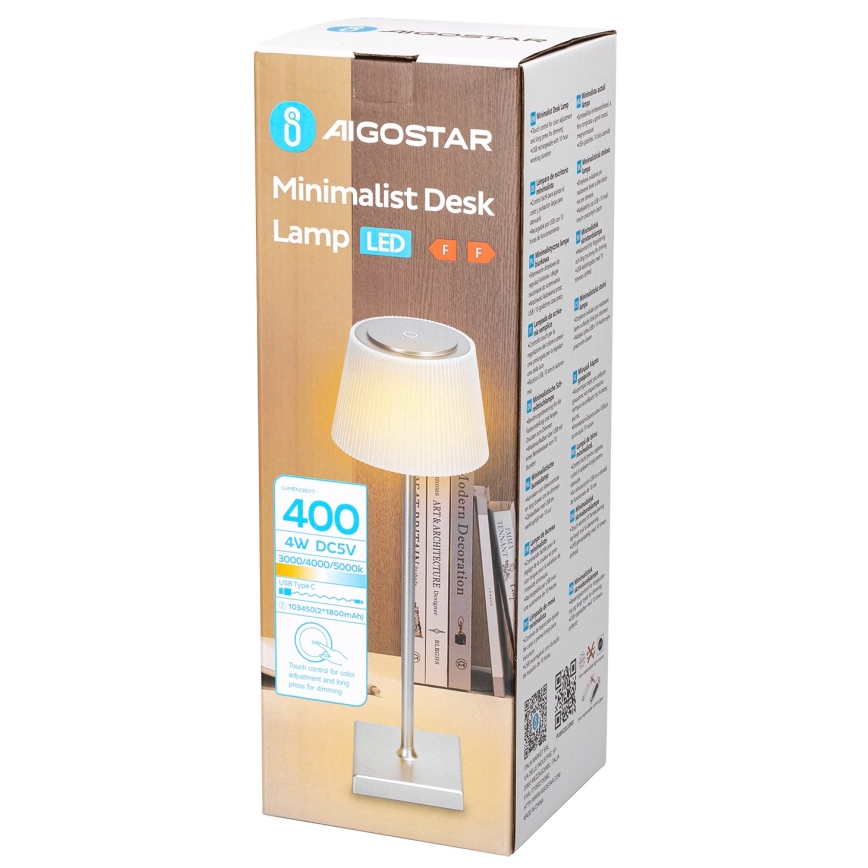 Aigostar - LED Aptumšojama uzlādējama āra galda lampa LED/4W/5V 3600mAh balta/hroms IP54