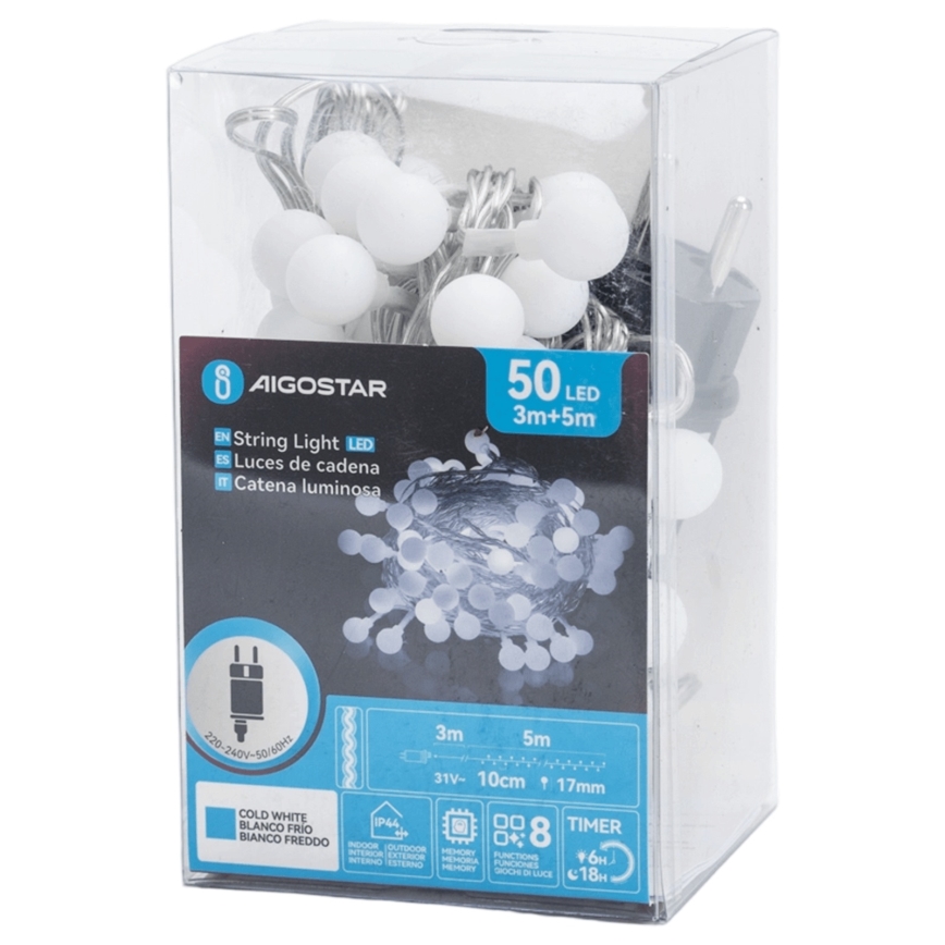 Aigostar - LED āra dekoratīvā virtene 50xLED/8 funkcijas 5 m IP44 auksti balta