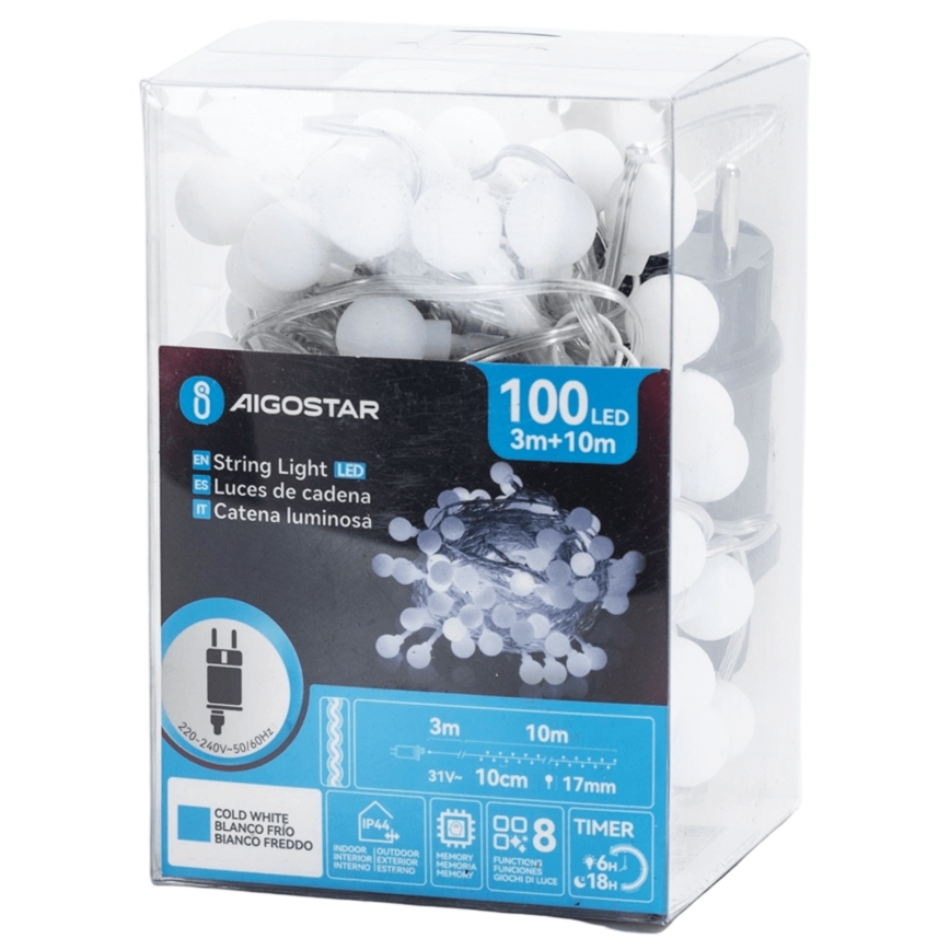 Aigostar - LED āra dekoratīvā virtene 100xLED/8 funkcijas 10m IP44 auksti balta