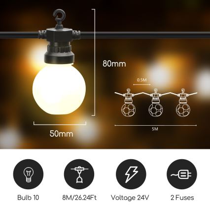 Aigostar - LED Āra dekoratīva virtene 10xLED/8m IP44 silti balta