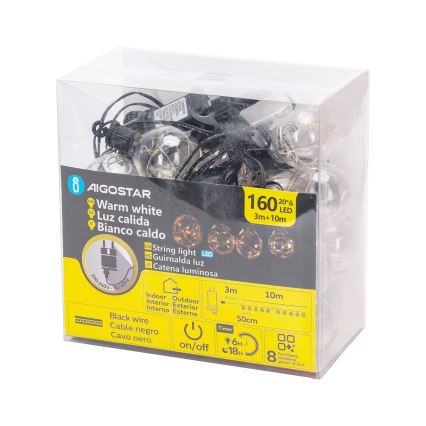 Aigostar - LED āra dekoratīvā virtene 160 LED 10 m IP44 siltā balta