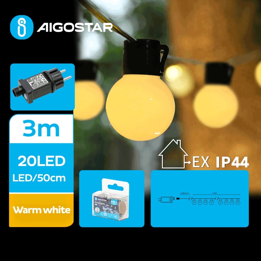 Aigostar - LED Āra dekoratīva virtene 20xLED/3m IP44 silti balta