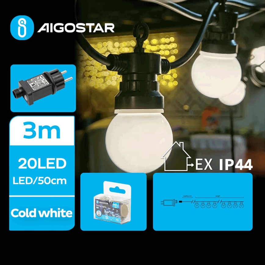 Aigostar - LED Āra dekoratīva virtene 20xLED/3m IP44 vēsi balts