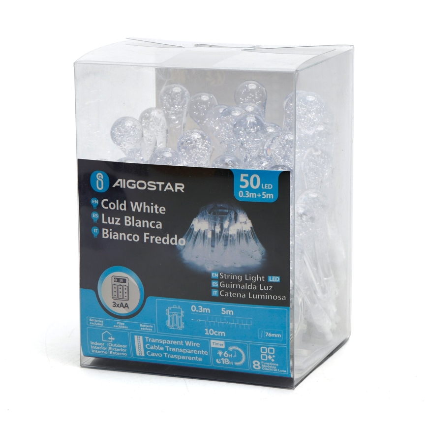Aigostar - LED Āra dekoratīva virtene 50xLED/8 funkcijas/3xAA 5,3m IP44 vēsi balts
