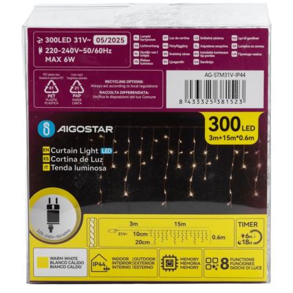 Aigostar - LED Āra dekoratīva virtene 75xLED/6W/230V 15x0,6m IP44 silti balta