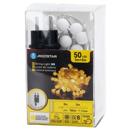 Aigostar - LED āra dekoratīvā virtene 50x LED / 8 funkcijas, 5 m, IP44, siltā balta